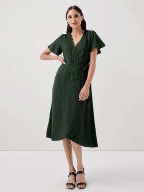 PACT Women's Organic Cotton fit and flare faux wrap dress in forrest green small